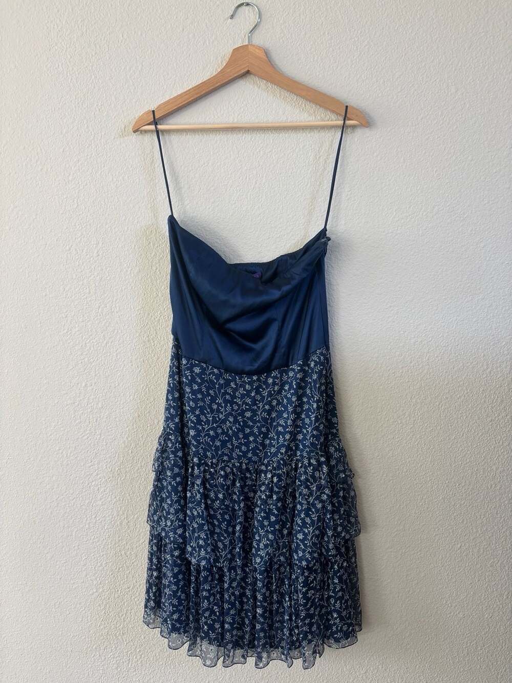 Ralph Lauren Purple Label Blue 100% Silk Ruffle Floral Embellished Dress